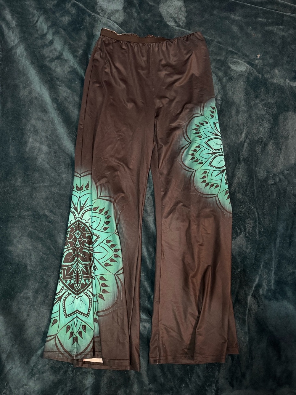 SHEIN Brown Boot-Cut Pants with Teal Mandala Accents